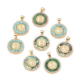 Brass Micro Pave Cubic Zirconia Pendants, with Gemstone/Paua Shell, Real 18K Gold Plated, Flat Round with Ramdon Pattern