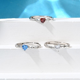 Родиевое покрытие 925 регулируемые кольца из стерлингового серебра с кубическим цирконием, сердце