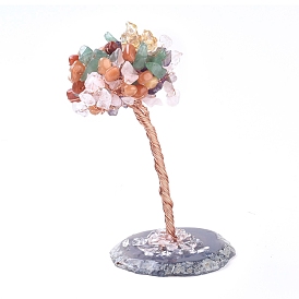Natural Quartz and Mixed Gemstone Display Decorations, Home Decorations, with Brass Wires, Lucky Tree