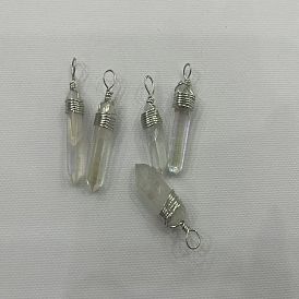 Electroplated Natural Quartz Crystal Stainless Steel Color Copper Wire Wrapped Pointed Pendants, Dyed, Nuggets