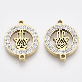 201 Stainless Steel Links Connectors, with Polymer Clay Crystal Rhinestone, for Religion, Flat Round with Hamsa Hand/Hand of Fatima/Hand of Miriam