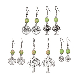 Alloy Tree of Life & Synthetic Imperial Jasper Beads Dangle Earrings, with 304 Stainless Steel Earring Pins