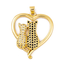 Brass Micro Pave Cubic Zirconia Pendants, Real 18K Gold Plated Heart with Couple Cat Charms