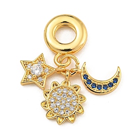 Rack Plating Brass Clear & Blue Cubic Zirconia European Dangle Charms, Star & Flower & Moon Large Hole Pendants, Long-Lasting Plated