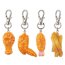 Imitaiton Food Resin Pendant Decorations, Platinum Plated Iron Clasp for Bag Ornaments, Fried Chicken Legs & Chicken Wings & French Fries & Shrimp Tails