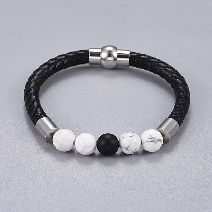 Woman's Braided Leather Cord Bracelets, with Natural Howlite and Black Agate(Dyed), Brass and Stainless Steel Findings