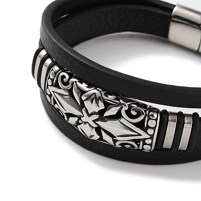 Men's Black PU Leather Cord Multi-Strand Bracelets, Flower 304 Stainless Steel Link Bracelets with Magnetic Clasps