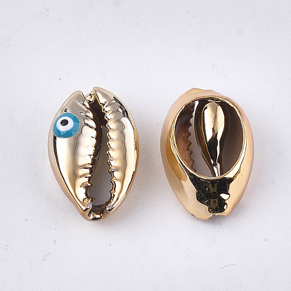 Electroplated Cowrie Shell Beads, Undrilled/No Hole Beads, with Enamel, Cowrie Shell Shape with Evil Eye