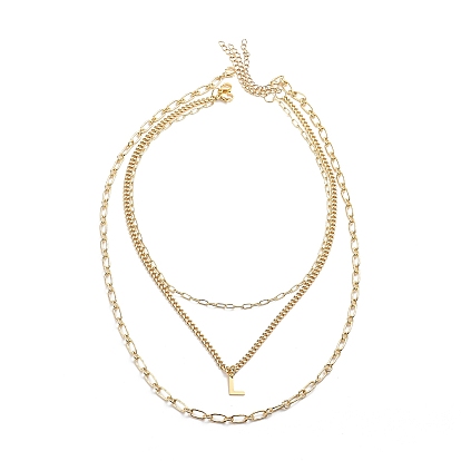 3Pcs 3 Style Brass Initial Letter L 304 Stainless Steel Pendant Necklaces Set, Brass Curb & Paperclip Chains Stackable Necklaces for Women
