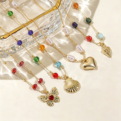 Ocean Alloy Shell Shape Pendant Iron Glass Beaded Chain Necklaces for Women, Golden