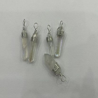 Electroplated Natural Quartz Crystal Stainless Steel Color Copper Wire Wrapped Pointed Pendants, Dyed, Nuggets