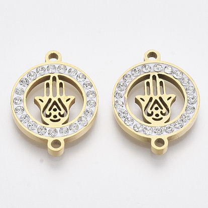 201 Stainless Steel Links Connectors, with Polymer Clay Crystal Rhinestone, for Religion, Flat Round with Hamsa Hand/Hand of Fatima/Hand of Miriam