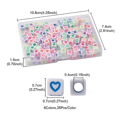 210Pcs 6 Colors Opaque White Acrylic European Beads, Large Hole Beads, Cube with Heart