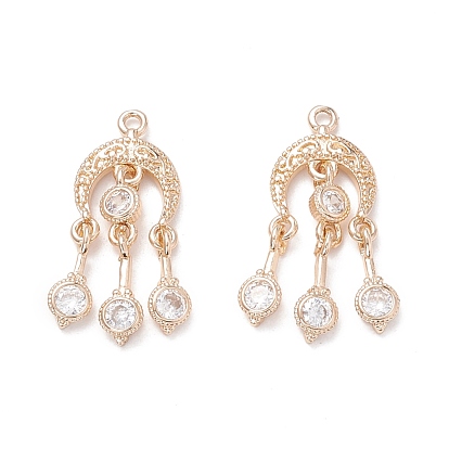 Brass Micro Pave Clear Cubic Zirconia Pendants, Woven Net/Web with Feather