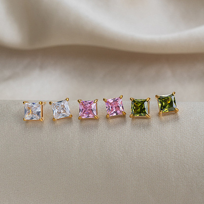 304 серьги-гвоздики из нержавеющей стали с микропаве из кубического циркония, квадратный, золотые