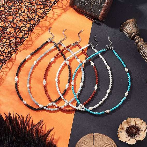 5 шт. ожерелья из натуральных и синтетических круглых драгоценных камней и синтетических бирюзовых бусин в форме черепа, с 304 нержавеющей стали застежки