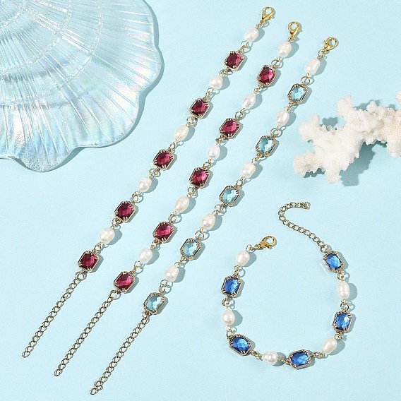 Natural Cultured Freshwater Pearl & Brass Glass Link Chains Bracelets for Women, Rectangle, Golden
