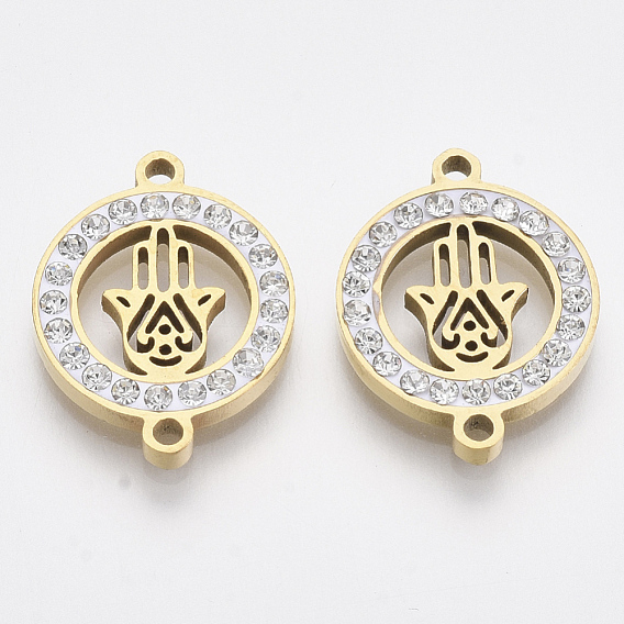 201 Stainless Steel Links Connectors, with Polymer Clay Crystal Rhinestone, for Religion, Flat Round with Hamsa Hand/Hand of Fatima/Hand of Miriam