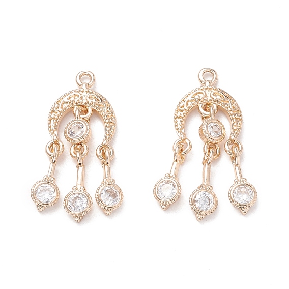 Brass Micro Pave Clear Cubic Zirconia Pendants, Woven Net/Web with Feather