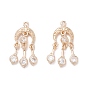 Brass Micro Pave Clear Cubic Zirconia Pendants, Woven Net/Web with Feather