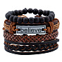 4Pcs 4 Style Cowhide & Imitation Leather Cord Bracelets Set for Men, Wood Beads & Alloy Word Link Stackable Bracelets