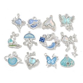 Alloy Rhinestone & Enamel Pendants, with ABS Imitation Pearls and Resin, Lead Free & Cadmium Free, Platinum, Ocean Animals Charm