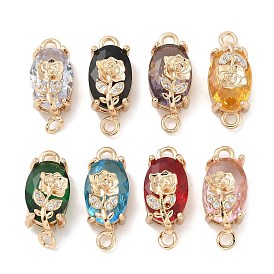 Brass Pave Faceted Glass Oval Connector Charms, Clear Cubic Zirconia Rose Flower Links, Real 18K Gold Plated