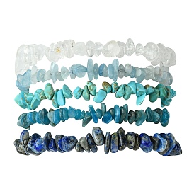 5Pcs 5 Styles Natural Quartz Crystal & Lapis Lazuli & Apatite & Aquamarine & Howlite Chip Beaded Stretch Bracelet Sets, Stackable Bracelets for Women