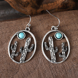 Серьги-подвески из сплава и синтетической бирюзы, овальный с кактусом