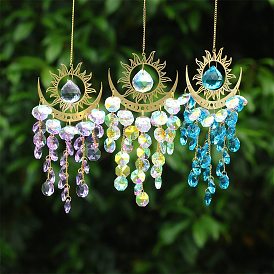 Brass Moon Sun Hanging Ornaments, Glass Octagon Tassel Suncatchers for Garden Outdoor Decorations