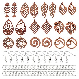Kit de fabrication de boucles d'oreilles pendantes creuses DIY, y compris feuille & anneau & larme & os de poisson pendentifs en bois de noyer naturel, Crochets d'oreille en laiton