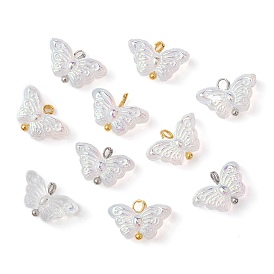 10Pcs 2 Color Clear AB Glass Pendants, with Brass Loops & Glitter Powder, Butterfly Charms