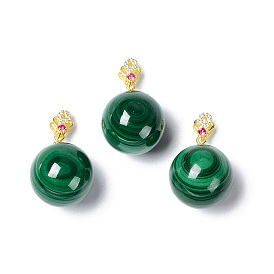 Natural Malachite Pendants, Round Charms, with Golden Plated 925 Sterling Rhinestone Clasps