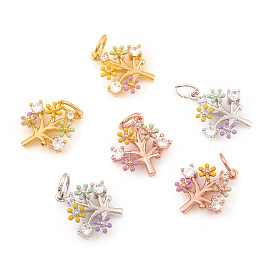 Brass Micro Pave Cubic Zirconia Charms, with Jump Rings and Enamel, Tree