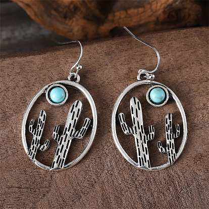 Серьги-подвески из сплава и синтетической бирюзы, овальный с кактусом