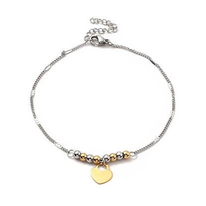 Two Tone 304 Stainless Steel Charm Anklet with Curb Chains for Women, Golden & Stainless Steel Color
