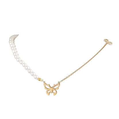 Bowknot Alloy Shell Pearl Beaded Necklaces, 304 Stainless Steel Butterfly Pendant Necklaces for Women