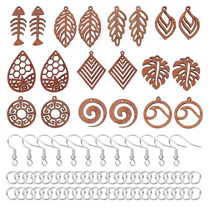 Kit de fabrication de boucles d'oreilles pendantes creuses DIY, y compris feuille & anneau & larme & os de poisson pendentifs en bois de noyer naturel, Crochets d'oreille en laiton