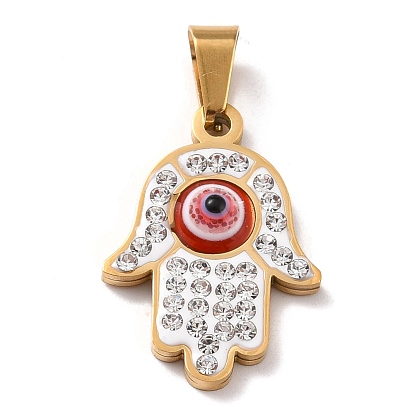 304 Stainless Steel Pendants, with Polymer Clay Rhinestone and Evil Eye Resin Round Beads, 201 Stainless Steel Bails, Hamsa Hnad