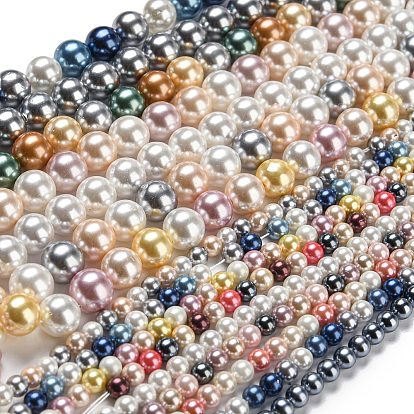 Electroplated Natural Shell Beads Strands, Imitation Pearl, Dyed, Round