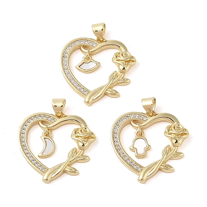 Brass Micro Pave Clear Cubic Zirconia Pendants, Cadmium Free & Lead Free, with Shell, Heart