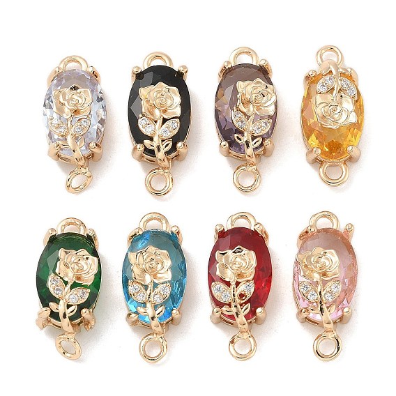 Латунные паве граненые стеклянные овальные соединительные подвески, прозрачные кубические цирконии розовые цветочные звенья, без кадмия, без никеля и без свинца, золотой свет