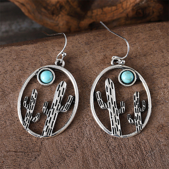 Серьги-подвески из сплава и синтетической бирюзы, овальный с кактусом