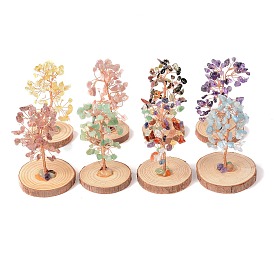 Natural Gemstone Chips with Brass Wrapped Wire Money Tree on Wood Base Display Decorations, for Home Office Decor Good Luck