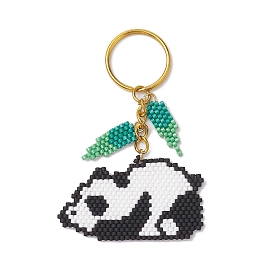 Glass Seed Beads Keychain, with Iron Split Key Rings, Panda