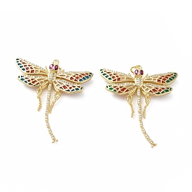 Rack Plating Brass Micro Pave Cubic Zirconia Pendants, with Enamel, Real 18K Gold Plated, Long-Lasting Plated, Lead Free & Cadmium Free, Dragonfly