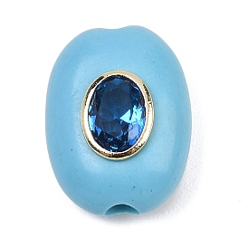 Dyed Synthetic Turquoise Beads, with Brass Micro Pave Cubic Zirconia, Flat Oval, Rack Plating, Long-Lasting Plated, Lead Free & Cadmium Free, Real 18K Gold Plated