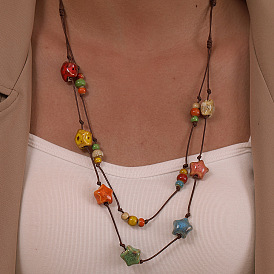 Богемные длинные ожерелья ручной работы из цветного фарфора с бусинами из вощеного шнура для женщин