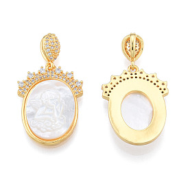 Brass Micro Pave Clear Cubic Zirconia Pendants, with Shell, Nickel Free, Real 18K Gold Plated, Oval with Angel