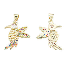 Brass Micro Pave Colorful Cubic Zirconia Pendants, with Brass Snap on Bails, Nickel Free, Bird
